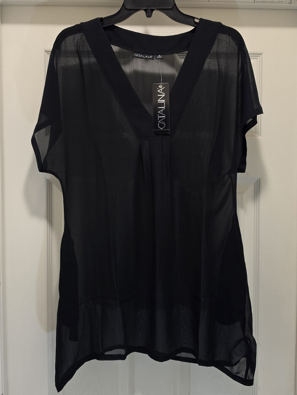 Catalina Women's V-neck Dolman Sleeve tunic kaftan Swim Cover Up Black S